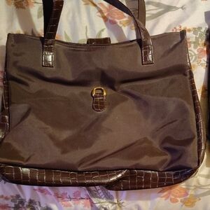 Chic Brown Shoulder Bag with Croc-Embossed Trim
